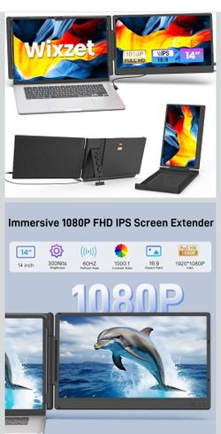 Laptop Screen Extender, 14" FHD 1080P IPS Portable Monitor for 13" - 17" Laptops, Plug & Play Screen Extender, Auto Adjust Width Dual Monitor