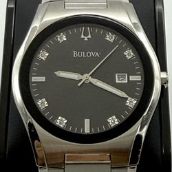 Bulova black dial 8 diamonds watch, 40mm size case, 7in size wrist bracelet