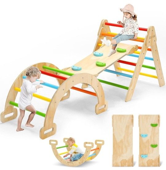 CoziBB Pikler Triangle Set, 5 in 1 Large Wooden Montessori Climbing Toys