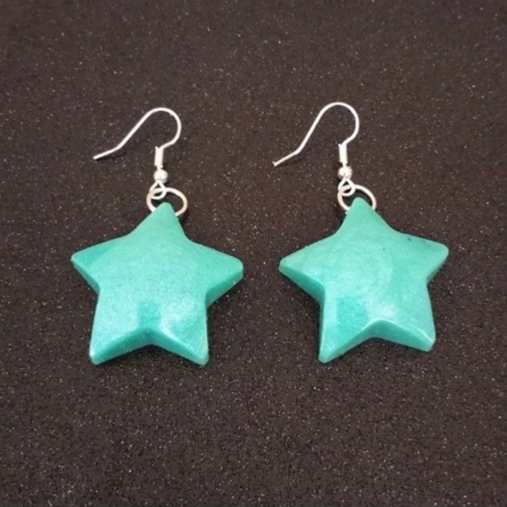 Metallic teal kawaii puffy stars dangle earrings with silver hooks NEW resin