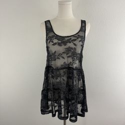 LOVE 2 BE LOVED Y2K Black Silver Floral Edgy Sheer Mesh Tunic Peplum Tank Top