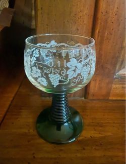 Set of eight Vintage, German Wine Glasses engraved with grapes and leaves.