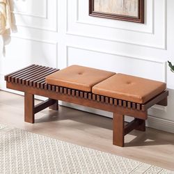 N190-59.4" Entryway Shoe Bench with Natural Solid Wood Frame & Cushions, Farmhouse Upholstered Narrow Bench Seat Indoor for Extra Long Dining Table, H
