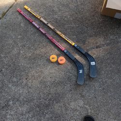 Two Kids Hockey Sticks And Pucks
