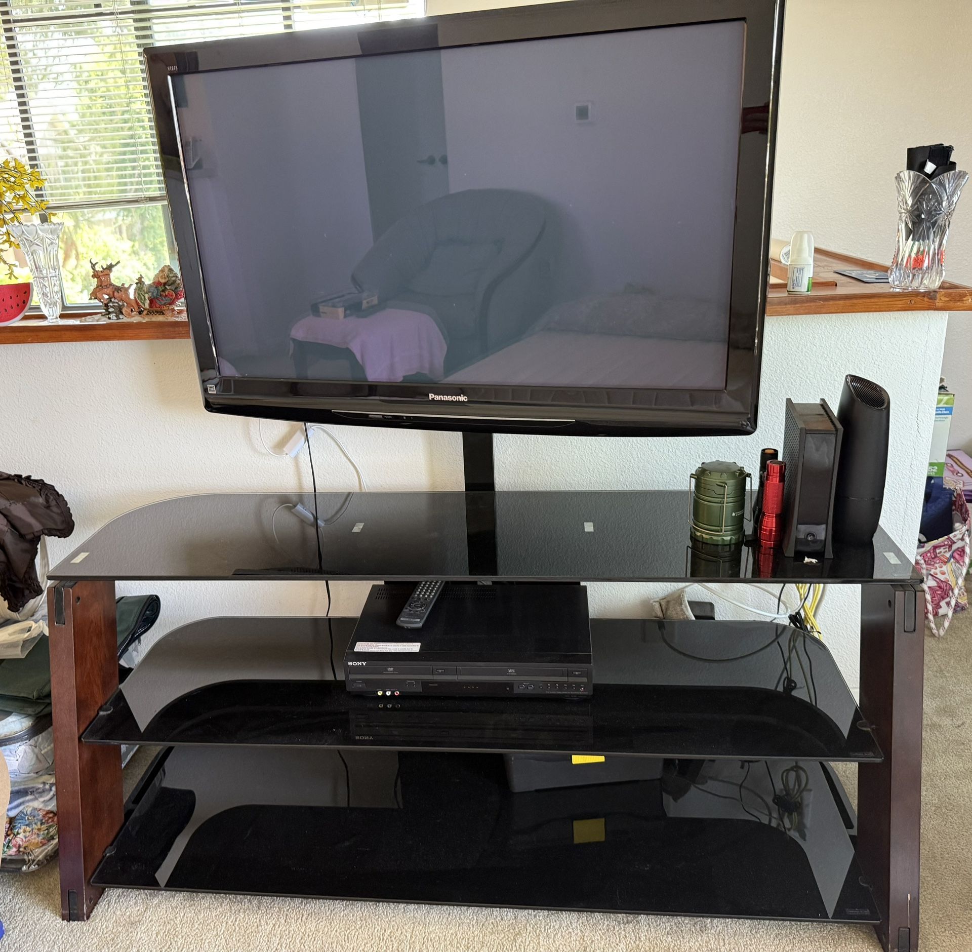Tempered glass TV stand and Panasonic TV include
