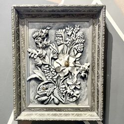 3D Floral Wall Art – Vintage Frame, Textured (Moving Sale)