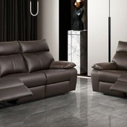 Brand New Brown Leather Modern Style Reclining Sofa & Loveseat 