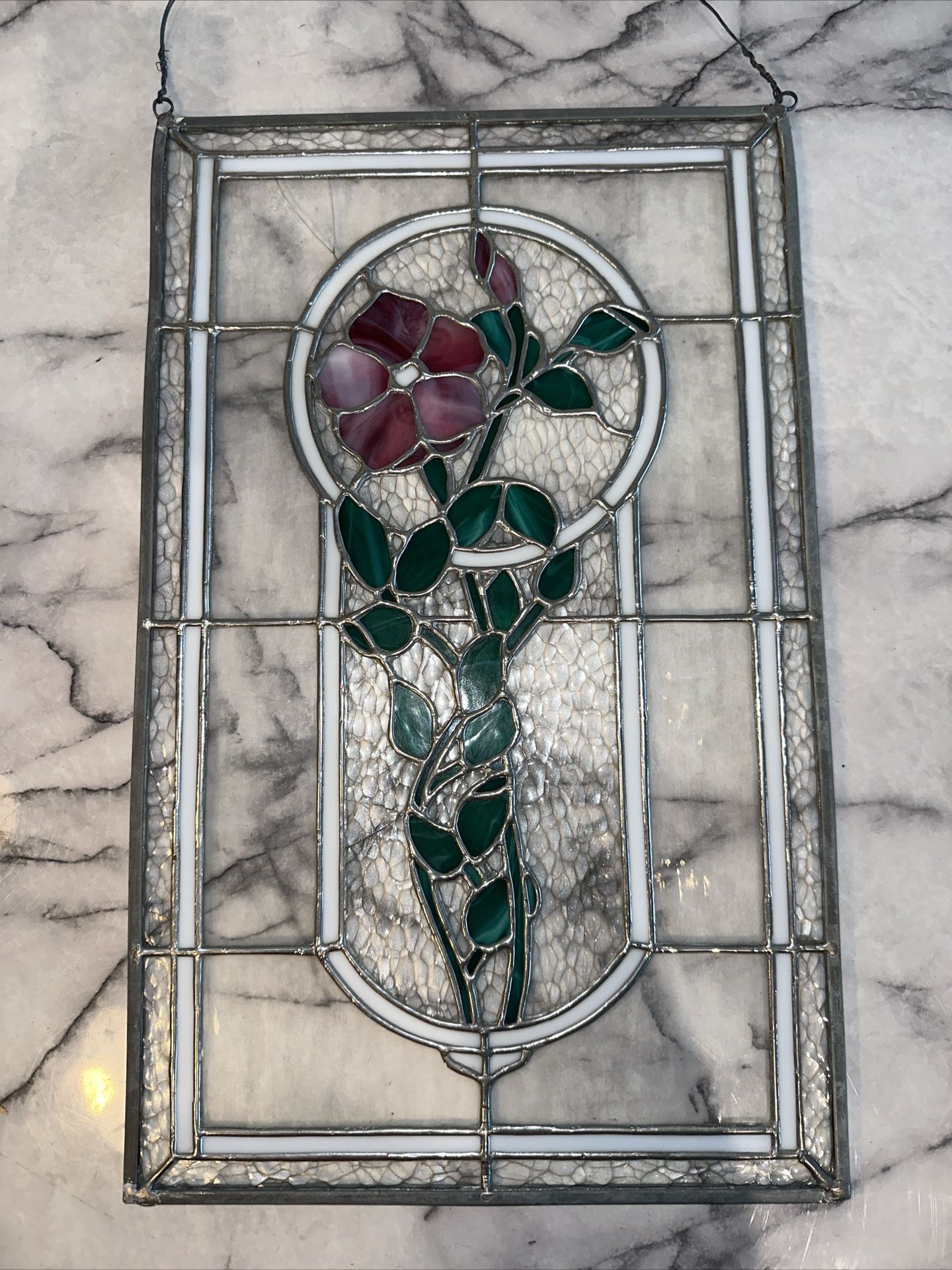  Vintage Leaded Stained Glass Hanging Window Panel 20x12" Flower Handmade Pink