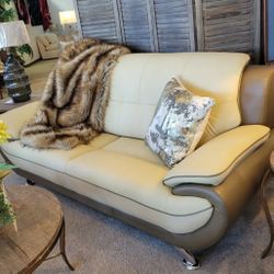 Contemporary Genuine Leather Cream/Taupe Sofa