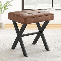 LUE BONA Vanity Stool, Square Faux Leather Makeup Stool with Metal X Legs, Small Ottoman Stool Chair for Vanity, Modern Padded Vanity Seat Foot Rest S