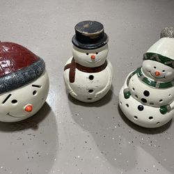 Set Of 3 Adorable Terracotta Yard Snowmen Luminaries