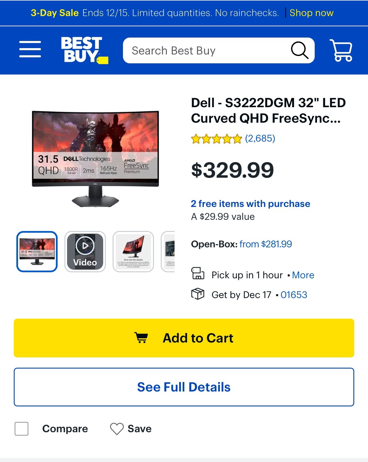 💥💥2 Brand New Dell 32’ Curved Gaming Monitor💥💥