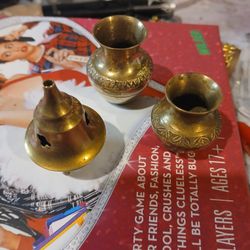 Brass Miniatures Two Vases One Inscence Burner All 1.5 To 2 Inches Tall  India On Bottom 
