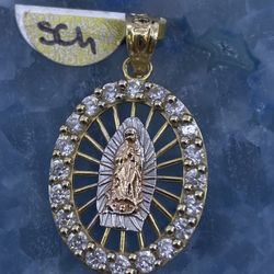 $350 Three Tone Gold W Zirconia Virgin Mary Religious Charm Pendant