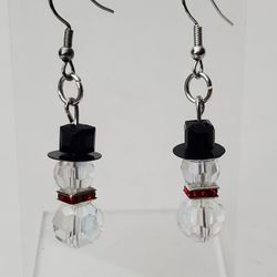Sparkly Beaded Snowman With Red Rhinestones Christmas Pierced Earrings 