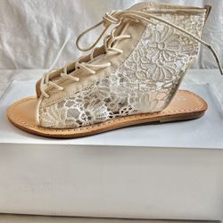Womens Cream Colored Sandals Shoes Open Toe Lace Size 7