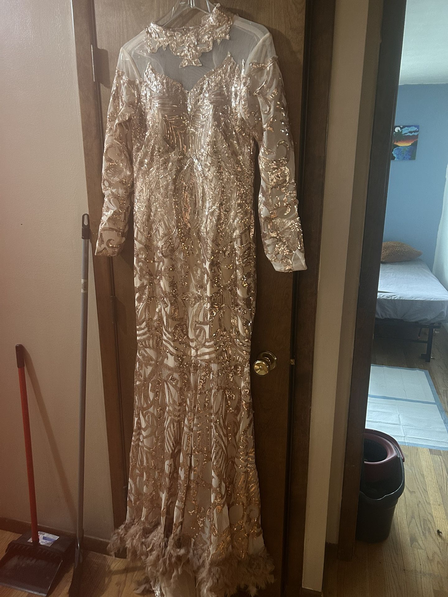 Gold Sequined Dress With Feathers For Prom