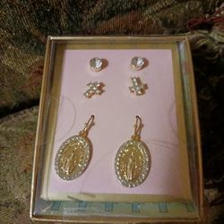 Gold Tone Virgin Mary Earrings With Studs And Cross Earrings  $10
