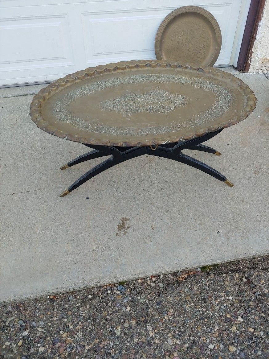 vintage Moroccan serving tray side stand brass