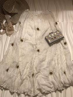 Gorgeous Extra Long Ruched White Skirt, with gold stunning detail, Size M-L $200