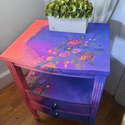 Handpainted End Side Table Flowers Coral Purple