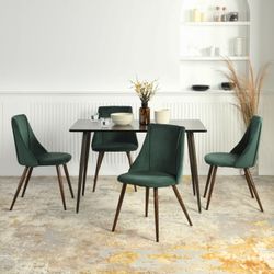Homy Casa Rosa 5PC Walnut Dining Set 47" Table with 4 Smeg Dark Green Velvet Chairs Mid Century Style