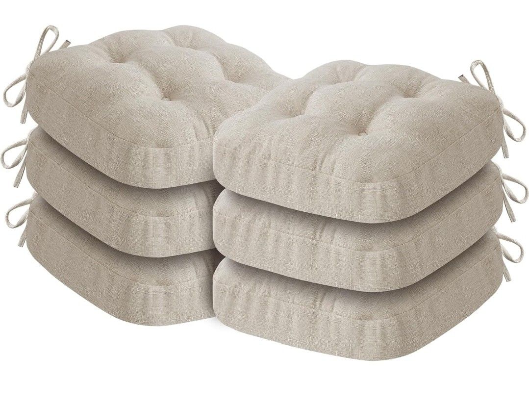 Set Of 6 Chair Cushions Foam Dining Chair Cushions Tufted Indoor Chair Pads Beige 16.5” x 16.5” x 3.5”