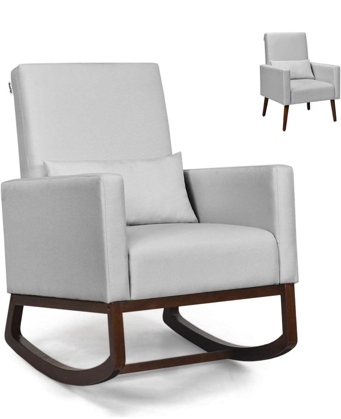 Newly Assembled Rocking Chair Fabric High Back Armchair with Waist Pillow,Wooden Tapered & Rocking Dual Legs Multifunctional Upholstered Accent Chair