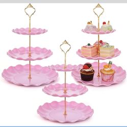 3 Pack Pink 3 Tier Cupcake Stand, ABS Three Tiered Serving Stand, Round Wavy Dessert Tray, Plastic Cake Stand Dessert Tray for Tea Party, Birthday, Ba