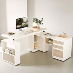 63" L Shaped Electric Standing Desk, Privacy Panel White Rattan, 1.18" Desktop Executive Height Adjustable Desk for Home Office