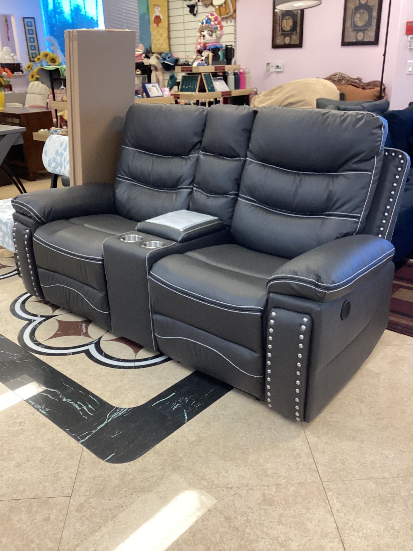 Power recliner Loveseat With Storage Console And Stainless Steel Cup Holder
