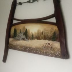 Antique Hand Painted Picture on Antique Cross Cut Wood Buck Bow Saw Approx  3'×3'