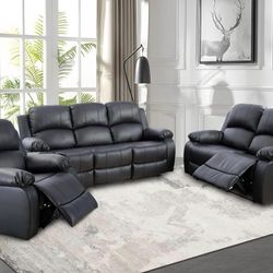 Black leather fully reclinin three piece couch set