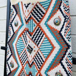 New Hand Crafted Argyle Pattern Crochet Boho Knit Concho Embellish Tote Handbag