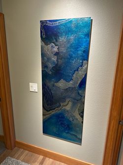 Large Abstract Blue Glass Art and Silver Wall Art