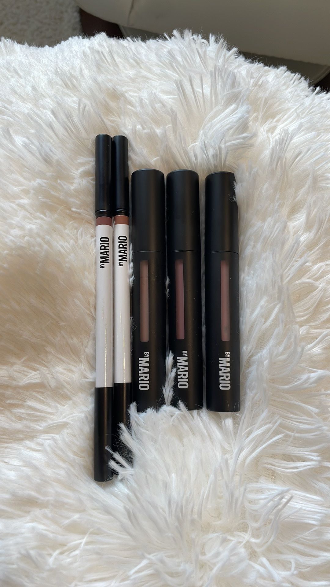 Set 5 Mario ultra suede cozy lip crème cozy lip liner pinky brown nude suede muted mauve lipstick and Dmitry and Hugh liners.