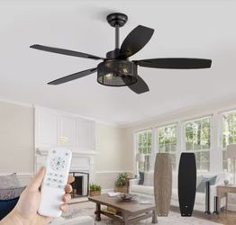 52 Inch Black Farmhouse Indoor/Outdoor Farmhouse Ceiling Fan with Light, Remote—$5
