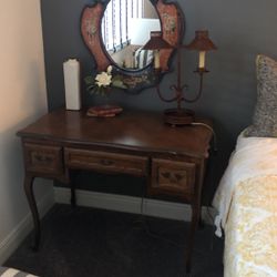 Antique Desk, Mirror And Lamp