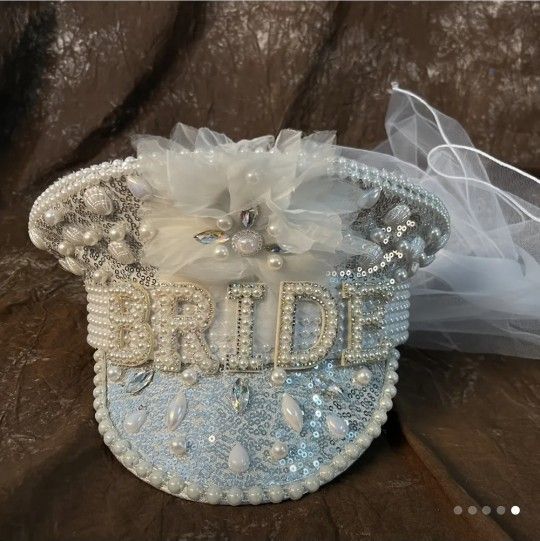 Women's Bridal Military Hat with Rhinestones & Veil - Detachable