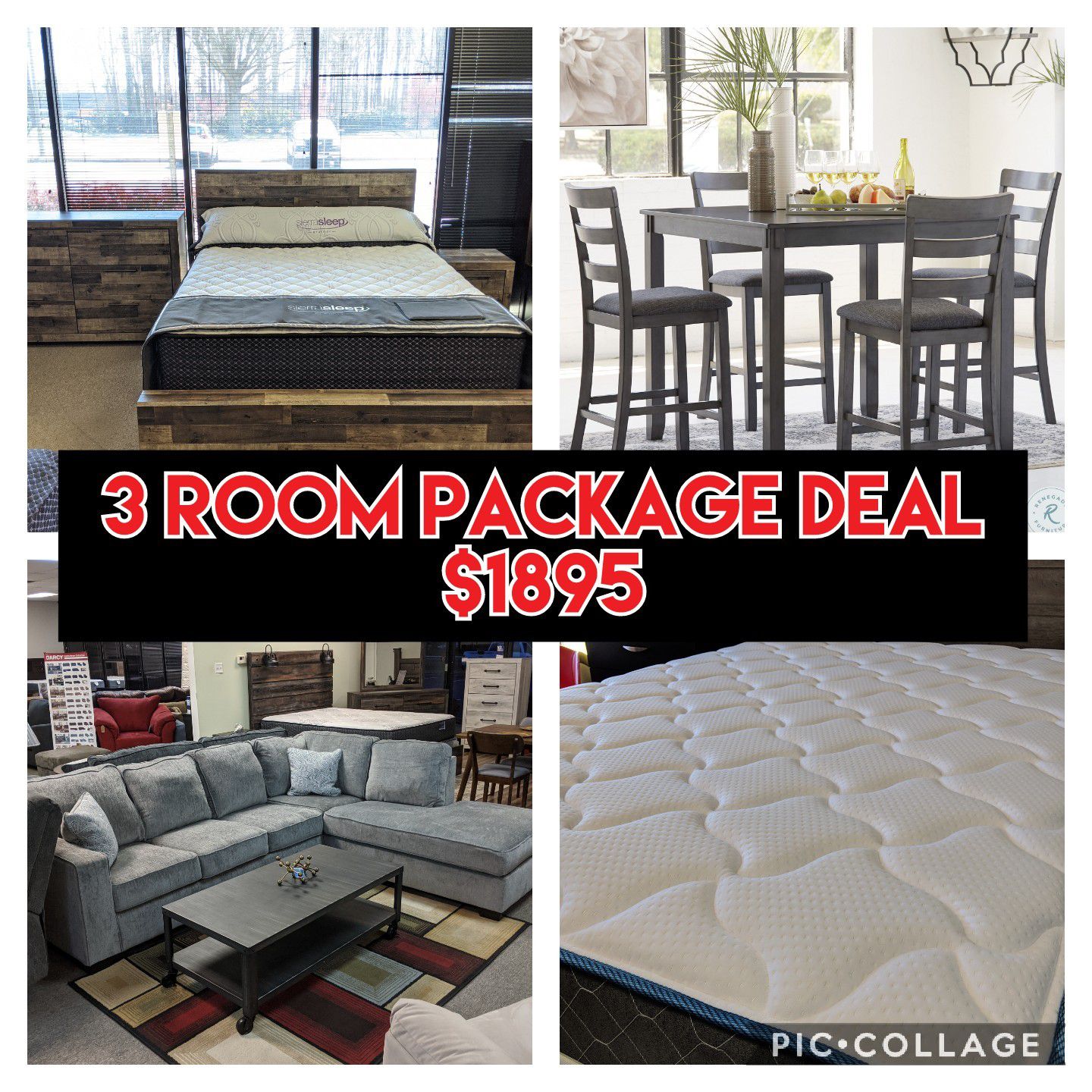 3 Room Package Deal - Queen Bedroom/ Sectional/ Table and Chairs - $1895 - $40 down take home today!! Up to 12 months SAC FINANCING AVAILABLE!!!