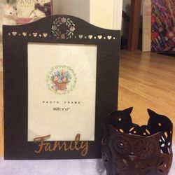 Metal Family Photo Frame And Metal Owl Candle Holder 