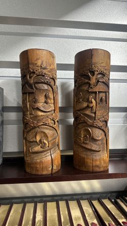 Antique Very Old Wood carved antique Chinese carved into bamboo