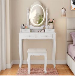 White Vanity Table Set with LED Mirror and Stool