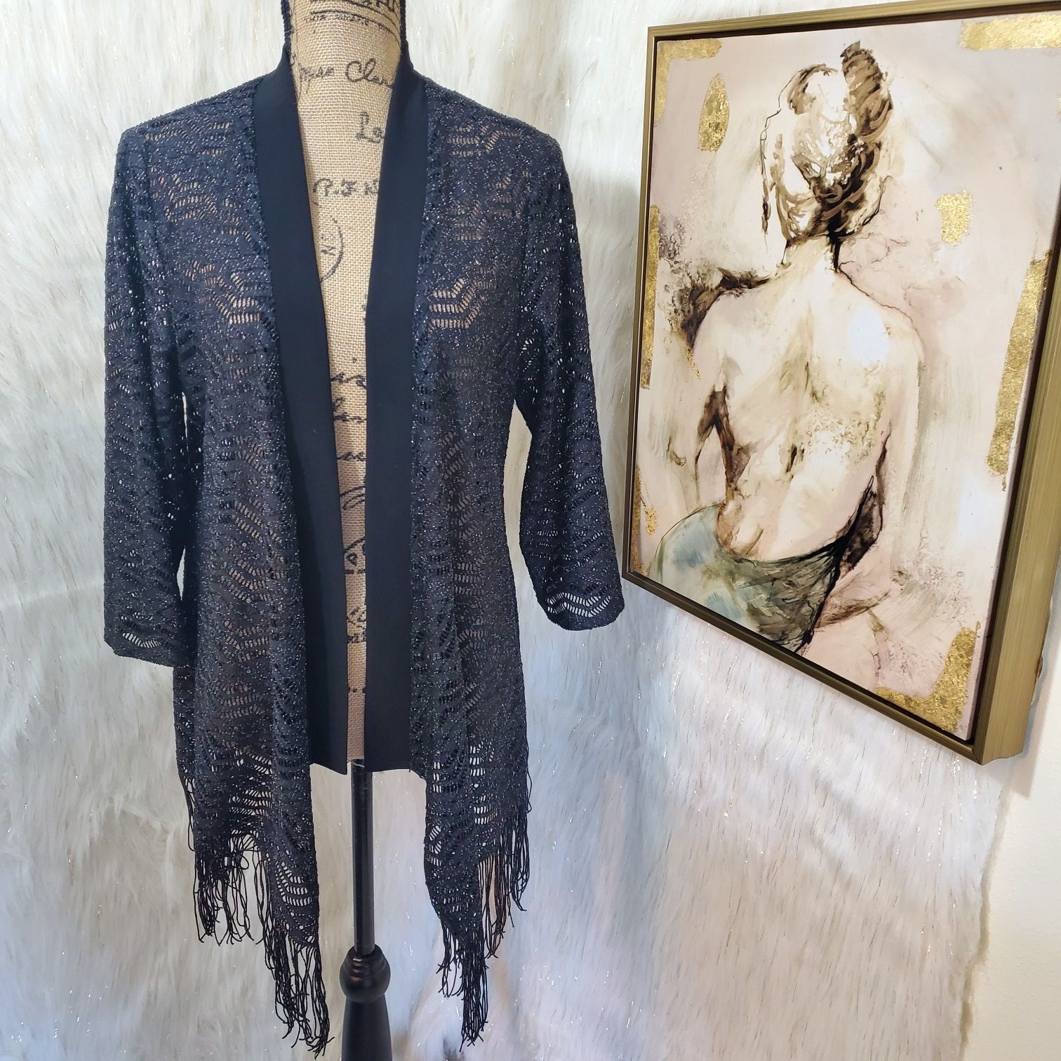 Large R&M Richard's lace fringe open cardigan