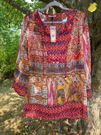 NWT Olive Hill Women's Size L Sheer Tunic Blouse Top Multicolor Size Large