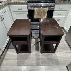 Pair of Dark Wood Nightstands w/ Built-In Power Outlets & Pull-Out Shelf – 15x23.75x24