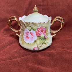 Lefton china green heritage rose hand painted sugar bowl w/lid 3066