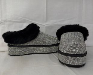Rhinestone Platform Slippers with Faux Fur Trim
