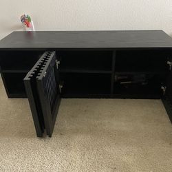  Modern Black Wood TV Stand with Slatted Doors 