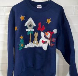 Vintage Jerzees Navy Christmas Sweatshirt 2000’s Appliqué  Sz L
